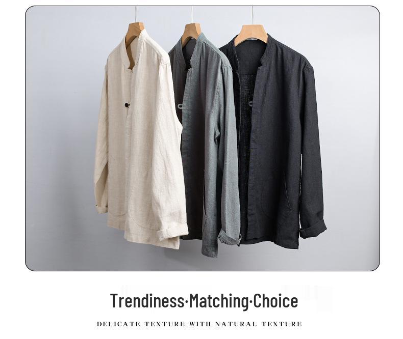 Men's Ramie Linen Stand Collar Shirt - Spring/Summer Casual, Loose Fit, National Style