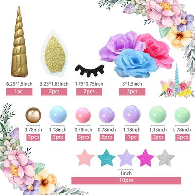 38 Peças Topper de Bolo Unicórnio Decorações de Bolo Unicórnio com Flores Bolas Estrelas para Festa de Aniversário de Meninos Meninas Chá de Bebê Suprimentos