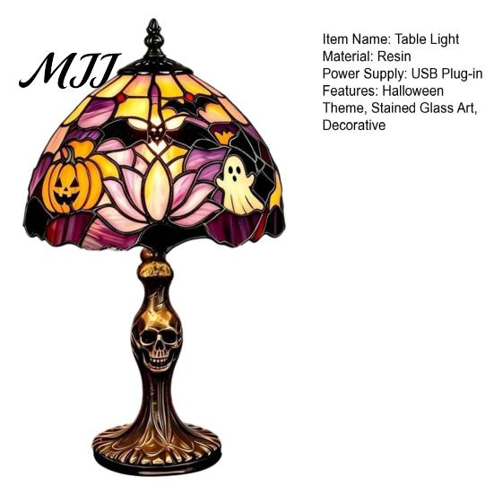 Gothic Night Lamp Halloween Pumpkin Ghost Table Light, USB Stained Glass Art Party Lamp, Vintage Decorative Desk for Holiday