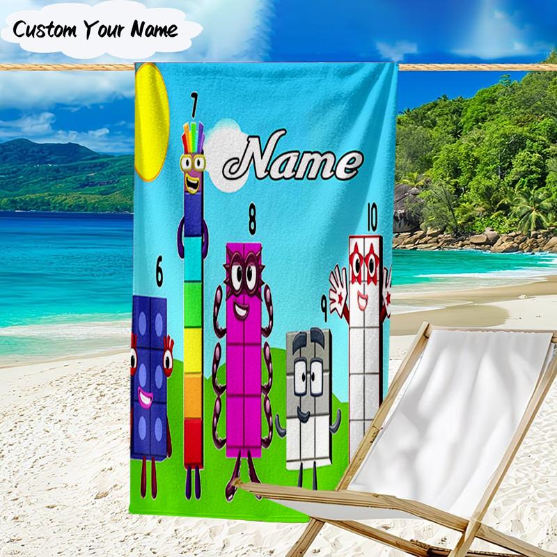 1PC Custom Name Number Blocks Adventure Heart Beach Towel, Lightweight Quick-Dry for Man Woman, for Summer Travel, Swimming Pool Birthday Gift