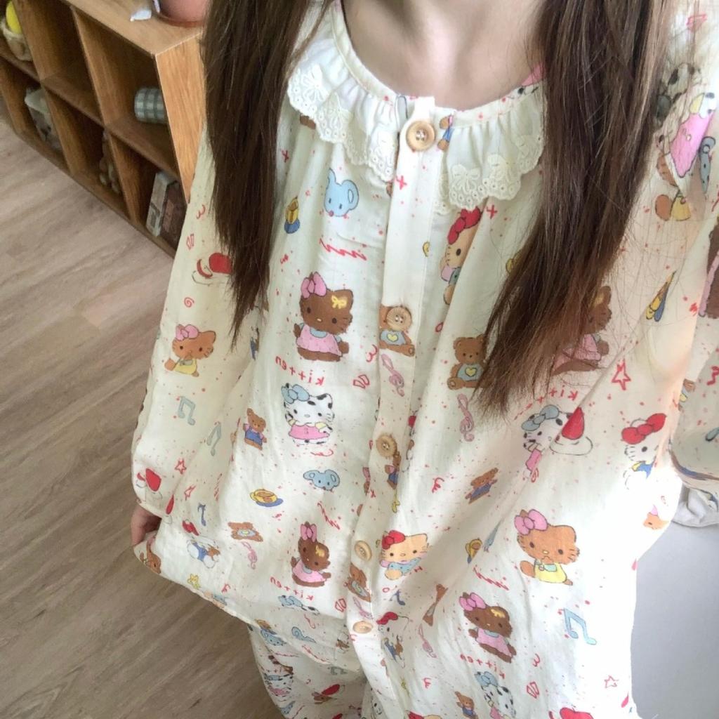 Cute lace cat girl pajamas spring and autumn cardigan long sleeve trousers set soft cute sweet loungewear