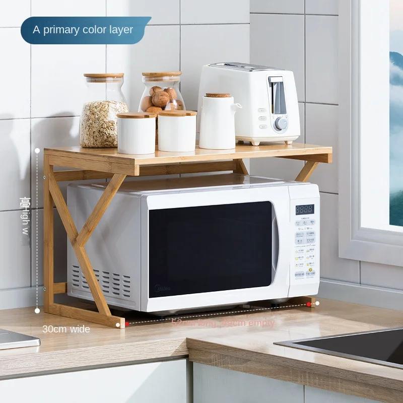 Neues Küchenregal für Arbeitsplatten, mehrschichtiges verstellbares Bambusregal für Mikrowellenherde mit Hängehaken, Halter für Schneidebretter