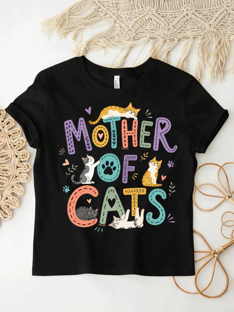 Cute Mother Of Cats Graphic Tee Women Cat Mom Short Sleeve T Shirt Casual Animal Print Blouse Cat Lover Gift