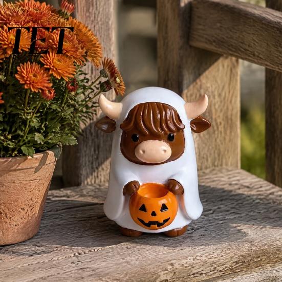 Resin Pumpkin Candy Bowl Highland Cow Ghost Figurine with Bowl, Cute Halloween Holiday Party Table Centerpieces Tabletop Decor for Farmhouse