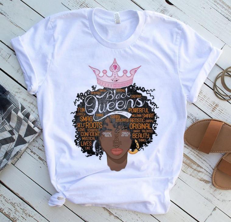 Fashion Vintage Casual Queen Print Ladies T-Shirt Summer Loose Short Sleeve White Women's Tops Graphic T Shirts Female Clothing