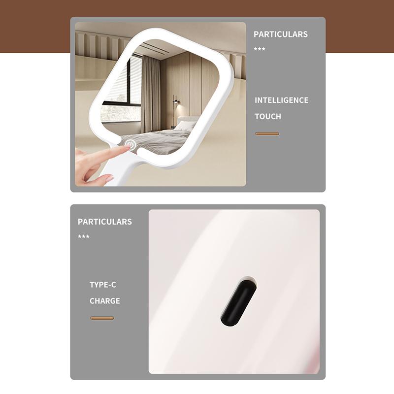 Handheld Makeup Mirror 3 Colors LED Light Mirrors Portable HD Intelligent Touch Screen Control Cosmetic Mirror Type-C Charging
