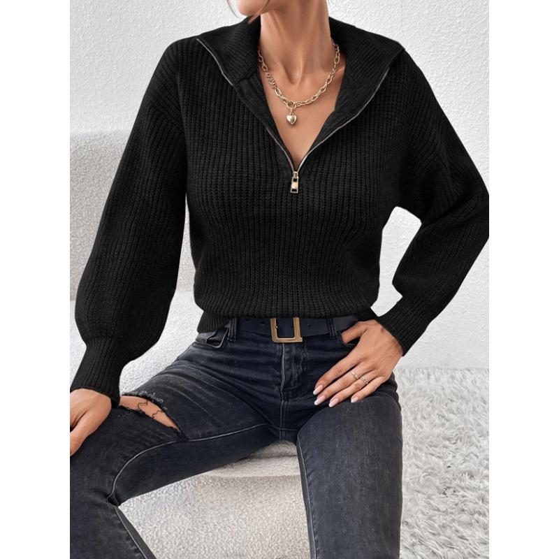 Harajuku Jednobarevný Svetr na Zip s Polo Límcem Podzim Zima Ležérní Volné Pletené Svetry Topy Dámský Zesílený Spodní Pulovr