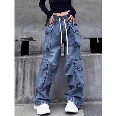 American Retro High Waist Elastic Waist Straight Multi-pocket Work Pants Women Spring and Autumn New Soft Jeans