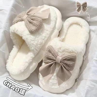 Damen Gemütliche Plüsch Schleife Baumwollpantoffeln - Rutschfest, Warm, Niedliches Design für Herbst/Winter 2024