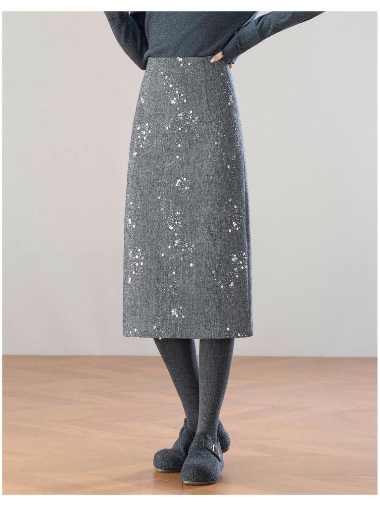 2025 Winter Elegant High-Waist Mid-Length Sequin Wool Slit Skirt for Women