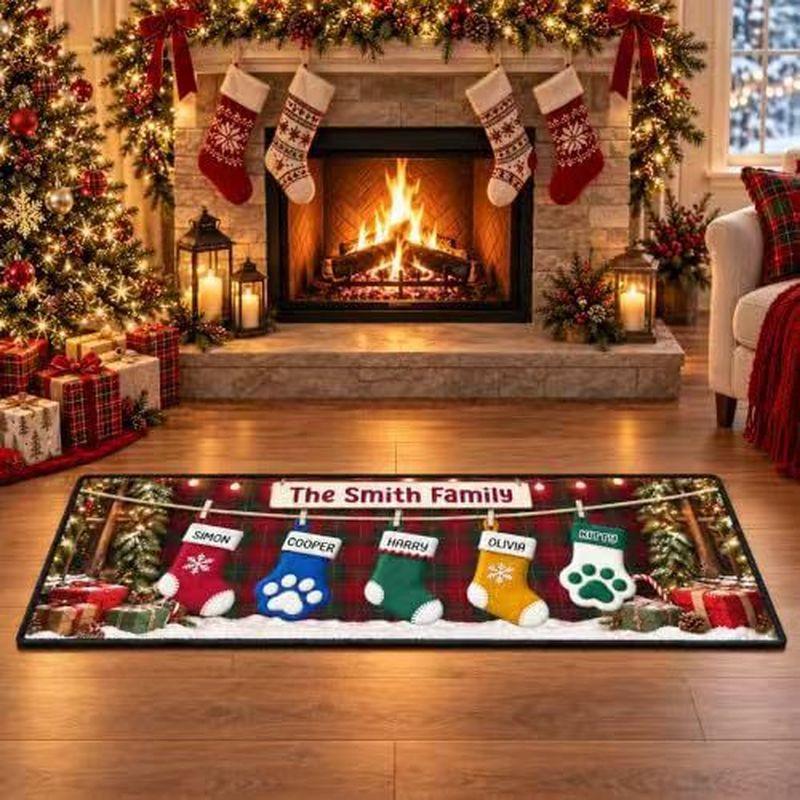 Christmas Stocking Long Runner Rug Non Slip Washable Floor Mat for Kitchen Hallway Entryway Happy New Year Home Decor