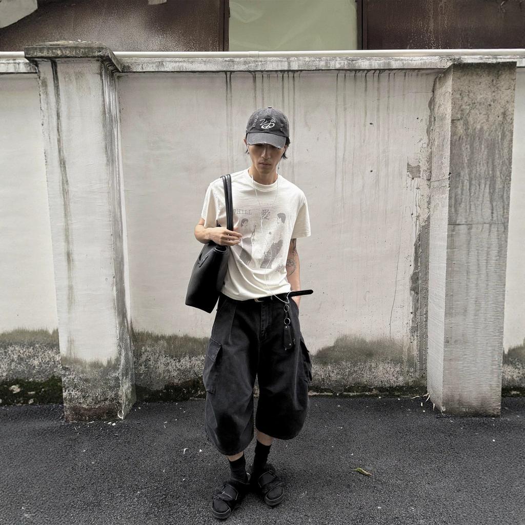 Casual pants versatile men's cropped pants loose black summer street trend wide-leg shorts multi-pocket spot others