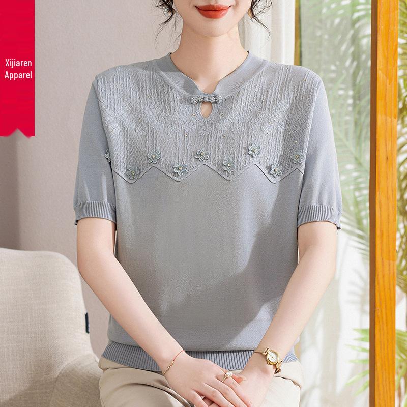 Stilvolles chinesisches Eis-Seiden-Kurzarm-T-Shirt & Strickjacke für Frauen mittleren Alters