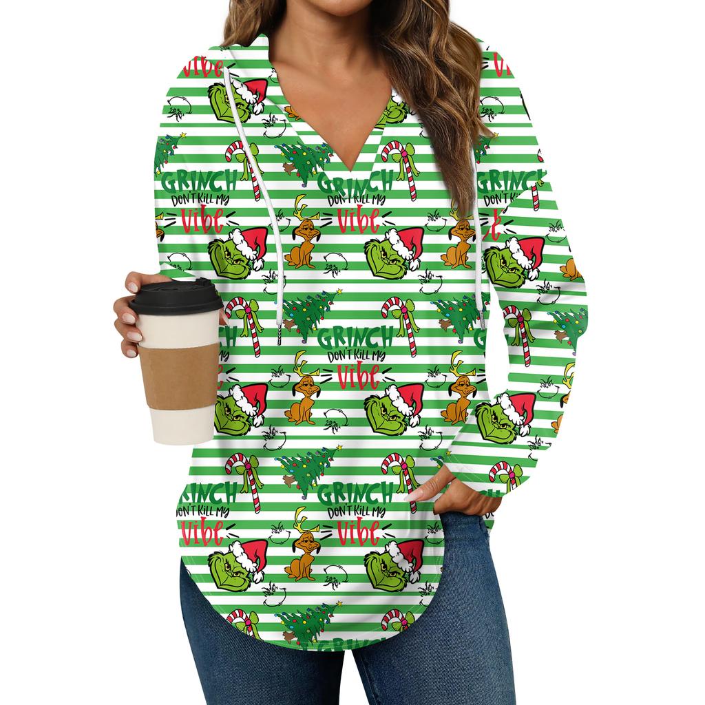 Women's Fashion Hoodies V Neck Long Sleeve Christmas Printed Drawstring Casual Loose Pullover Tops