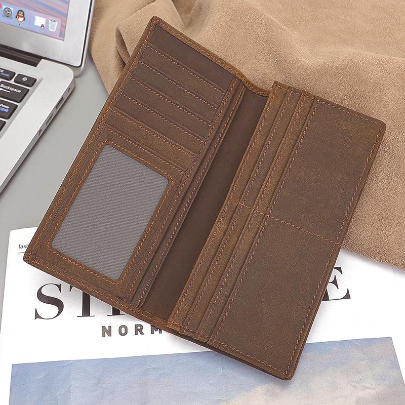 European and American Retro Genuine Leather Men's Wallet, Crazy Horse Leather Long Style, Multi Card Slot USD Clip Wallet