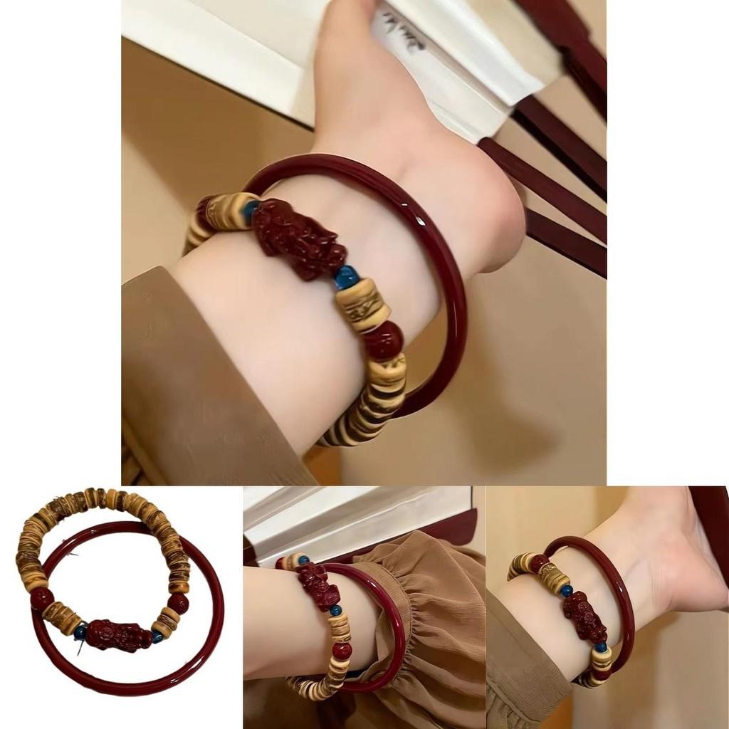 Chic Summer New Chinese Design Red Glass Pixiu Bracelet Coconut Shell Beads