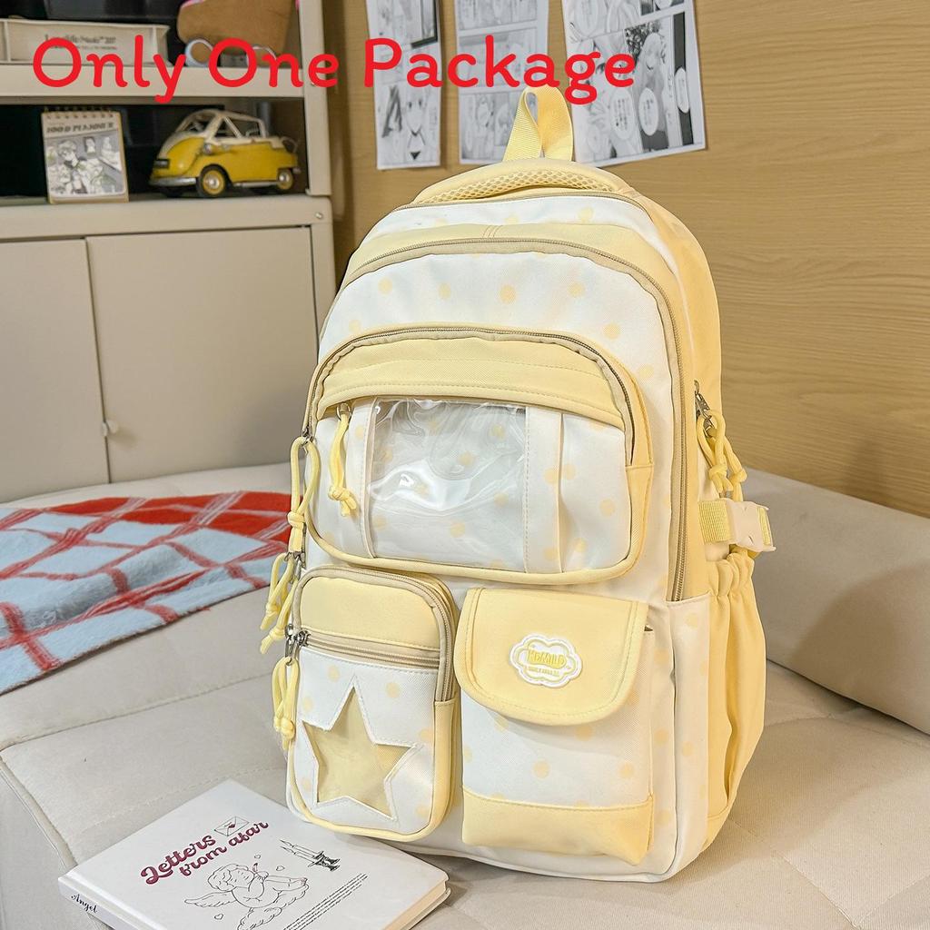 Nylon School Backpack For Girls With Polka Dot Pattern And Padded Shoulder Straps For Campus Use