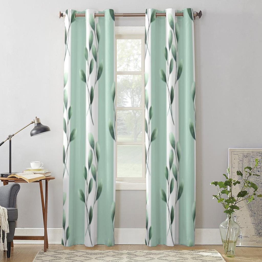 Green Leaves And Stripes Window Curtains For Living Room Kitchen Modern Curtains Home Decor Blinds Drapes