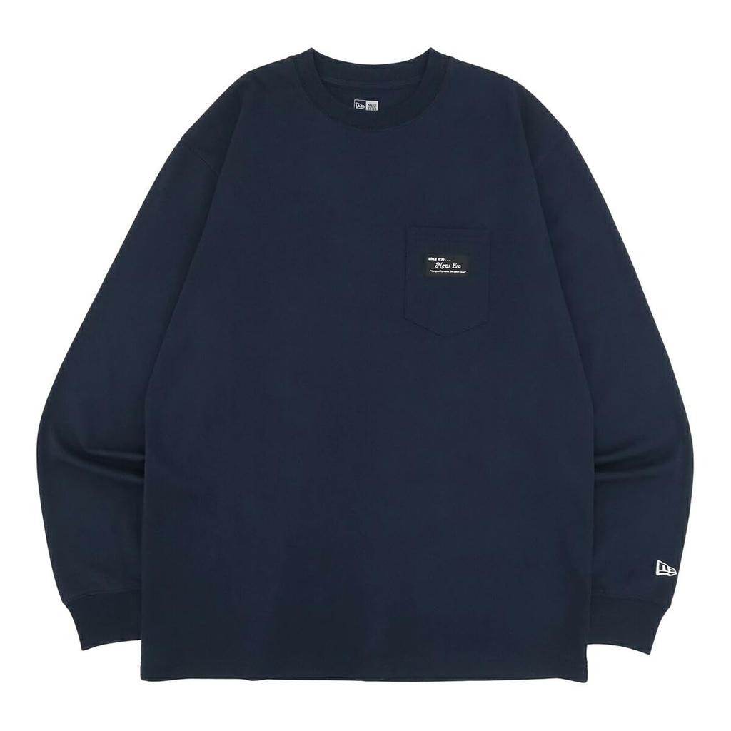 NEW ERA Long Sleeve Cotton Pocket Tee Medium Navy L Black Patch T-Shirt