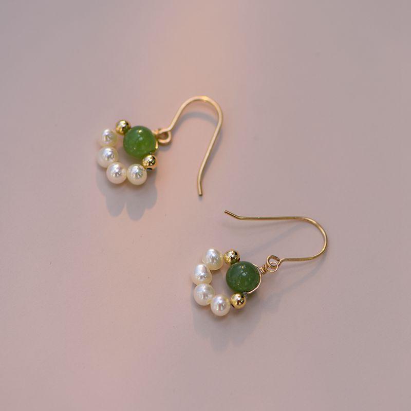 My Fine Jewelry Women's Gold 100% Natural Baroque Freshwater Pearl & Jade Stone 14K Filled Drop Earrings Not Allergic For Birthday Gifts