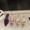 French kitten heel nude bow cool slippers fairy shoes outer wear 2025 summer high heels pointed sandals