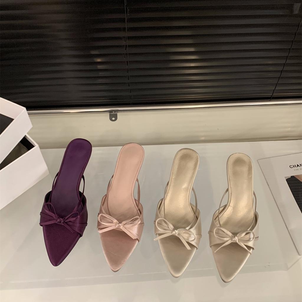 French Kitten Heel Nude Bow Cool Slippers Fairy Shoes Outer Wear 2025 Summer High Heels Pointed Sandals