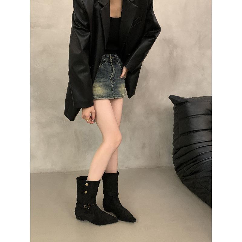 Vintage Pointed Thick Heel Skinny Boots Women's Season Two Wear Belt Buckle Martin Boots Western Boots Short Boots