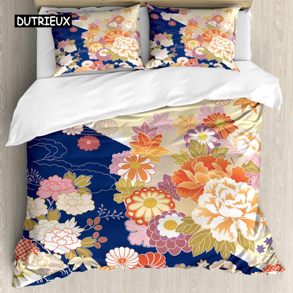 Japanese Duvet Cover Set Simplistic Cherry Blossom Tree Botanic Themed Pattern Fresh Organic Lines Bedding Set for Kids Girls