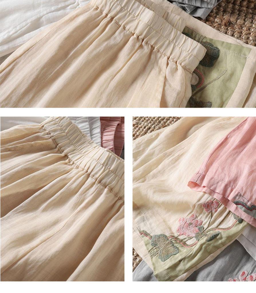 Women's 2024 Retro Cotton-Linen Wide-Leg Embroidered Pants - Summer Lightweight Nine-Point Casual Trousers.