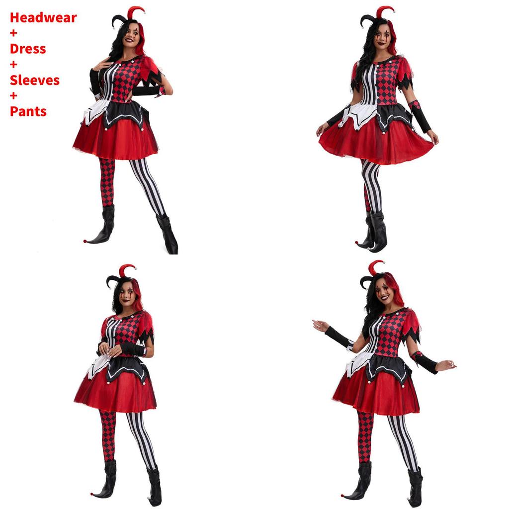 Halloween Female Clown Cosplay Outfit With Red Dress And Headpiece For Themed Parties