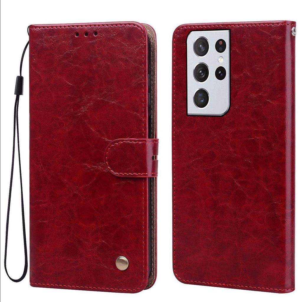 Vintage Crazy Horse Texture PU Leather Flip Wallet Phone Case for Samsung Galaxy S21 Ultra Card Holder Kickstand Shockproof Protective Cover