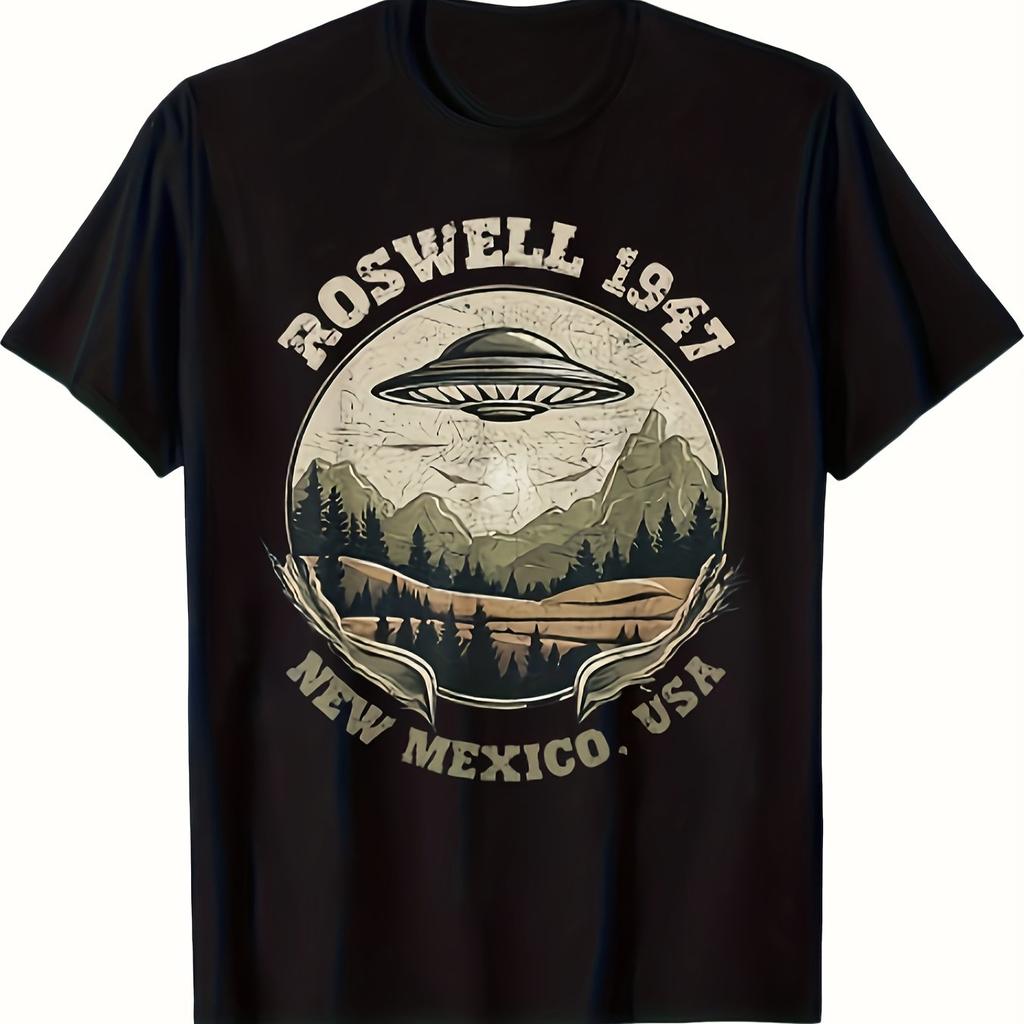 Summer Unisexs Alien Ufo Pattern Printed Round Neck Tshirt Retro Black Casual Outdoor 100 Cotton Soft Breathable Short Sleeve