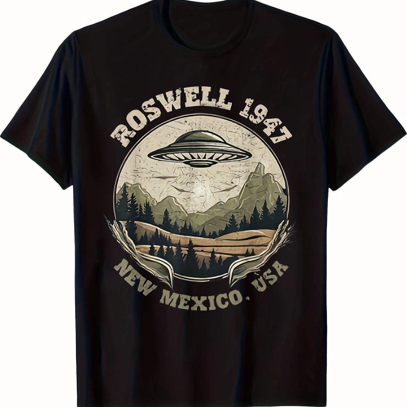 

Men Roswell 1947 Alien UFO Graphic T-Shirt Vintage Retro Sci-Fi Design with New Mexico USA Text Black Short Sleeve Casual Tee S