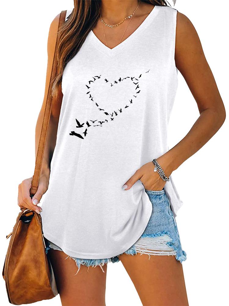Women Fashion V Neck Printed Sleeveless Top Summer Casual Pullover Loose Tank Top