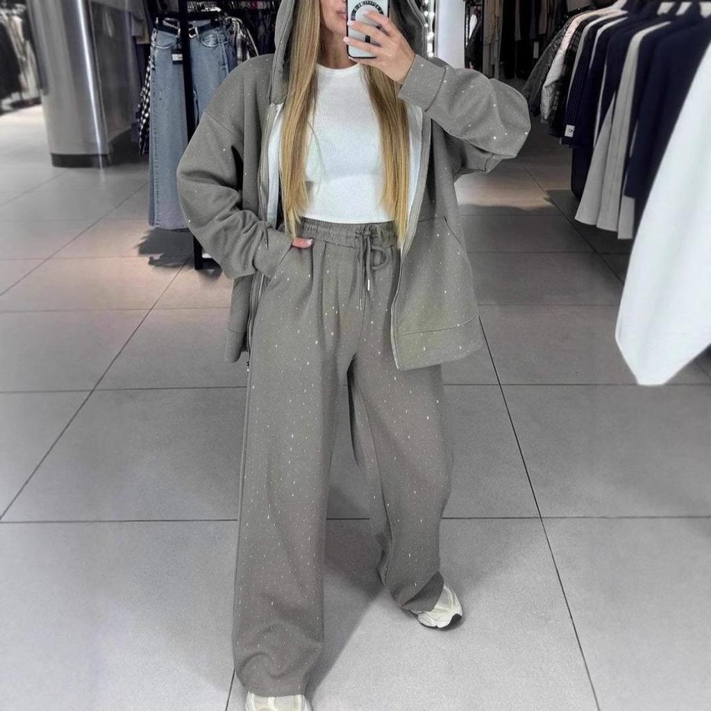Europejski i Amerykański Zestaw Dwuczęściowy: Bluza z Kapturem i Szerokie Spodnie - Damski Casualowy Zestaw Sportowy na Jesień/Zimę z Zamkiem Błyskawicznym i Pełnym Detalingiem z Kryształków