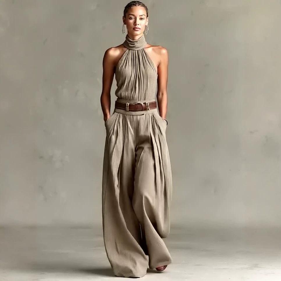Conjunto de dos piezas de primavera y otoño transfronterizo: top sin mangas con cuello halter plisado y pantalones anchos holgados
