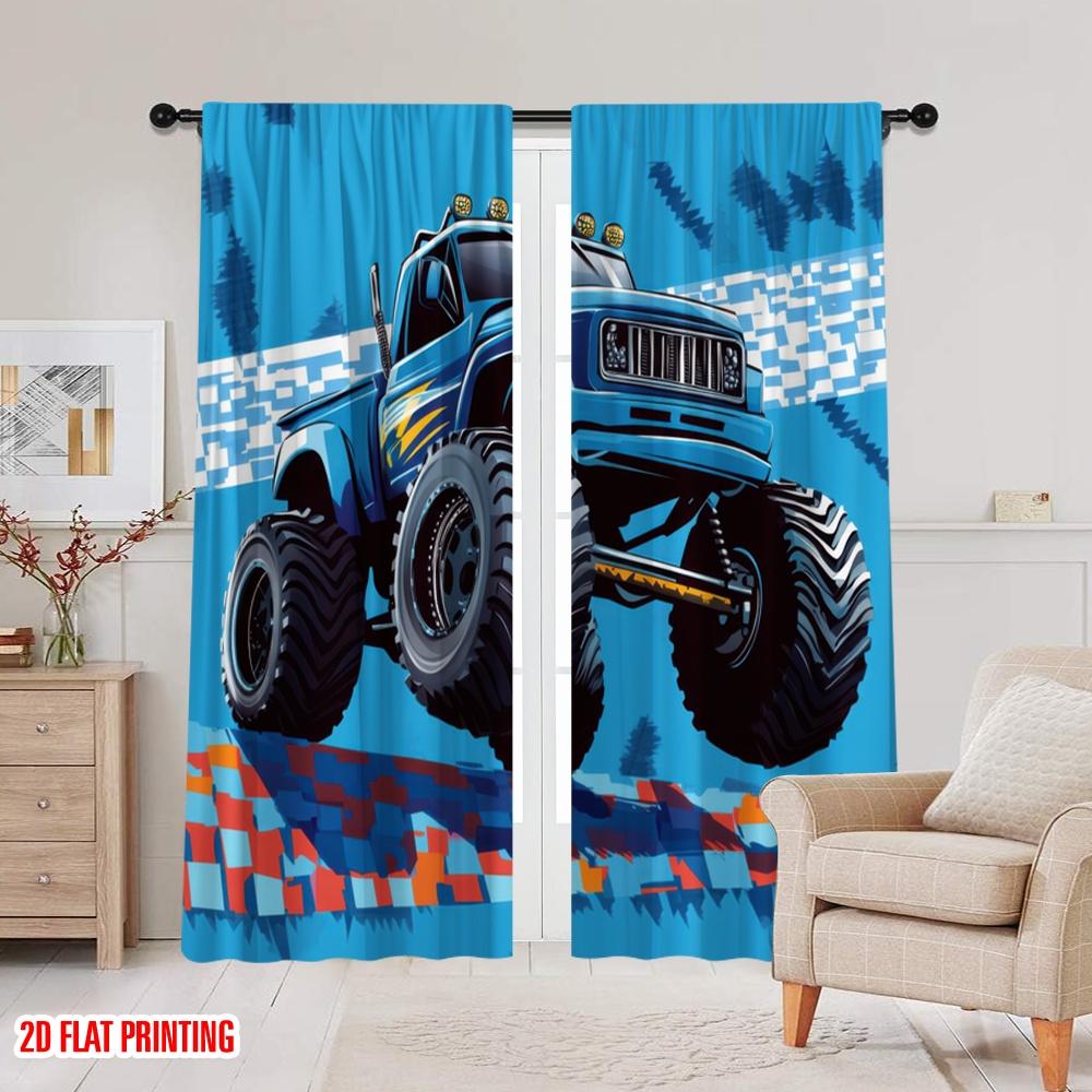 2pcs,2D Plane Printing Popular Curtain Panels Monster Truck Zoom Polyester Fabric (without Rod) Holiday for Bedroom, Living