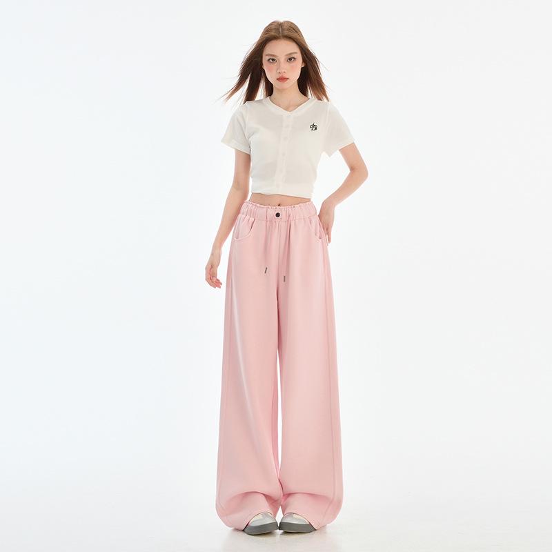 

American Cherry Blossom Pink Wide-Leg Drawstring Casual Pants for Women Medium