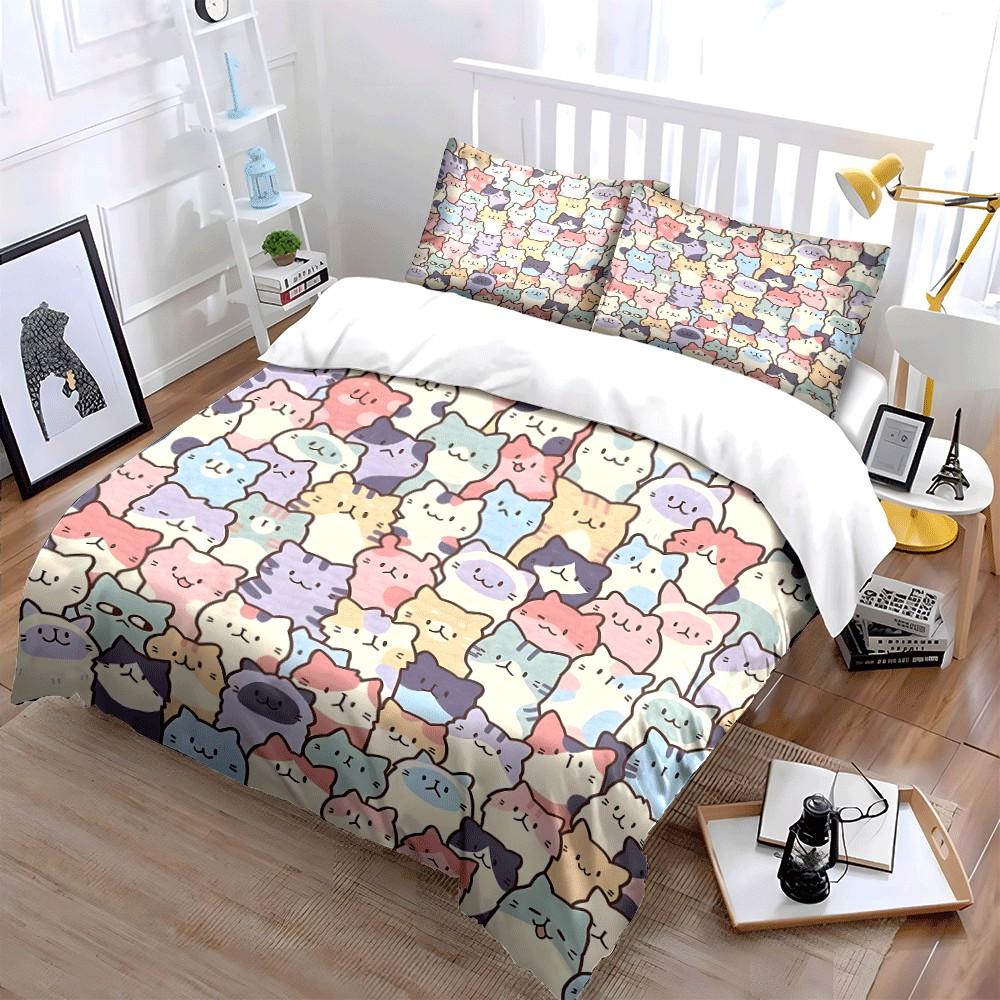 Pastel Cat Pattern Set for Decoration Exquisite Three-piece Bedding Set Gift for Kids and Adults