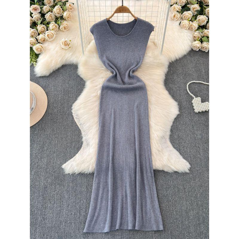 2024 Summer New Arrival Temperament Crew Neck Sleeveless Stretch Waist Hip-Lifting Knitting Dress Mermaid Dress Sheath Dress for Women