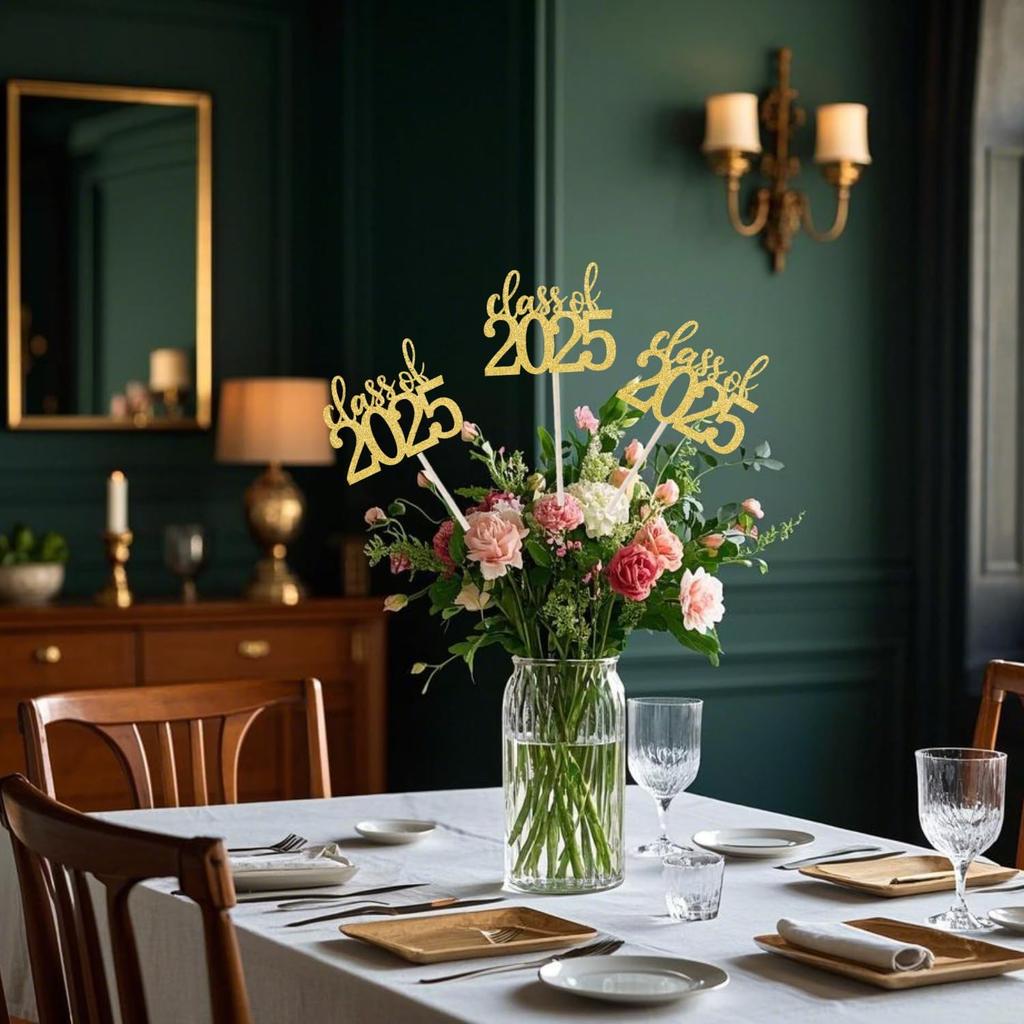 ALISSAR 12 Pack Pre-assembled Double Sided Class of 2025 Graduation Party Centerpiece Sticks, Centerpiece Table Decorations for 2025 Graduation Party