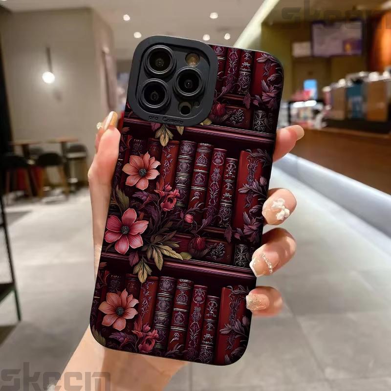 Vintage Purple Bookcase Painted Phone Case For iPhone 16 15 14 13 12 11 Pro Max Mini XS X XR 7 8 16 Plus Silicone Soft Cover