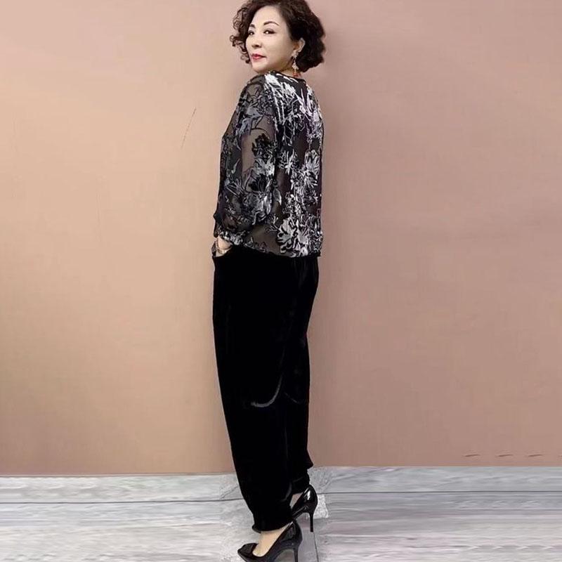 2PCS Pants Suts Spring Summer High-end Women's Printed Plus-Size Silk Blouse Velvet Pants Two-Piece Set Loose Flocked Velvet Blouse Velvet Pants Set
