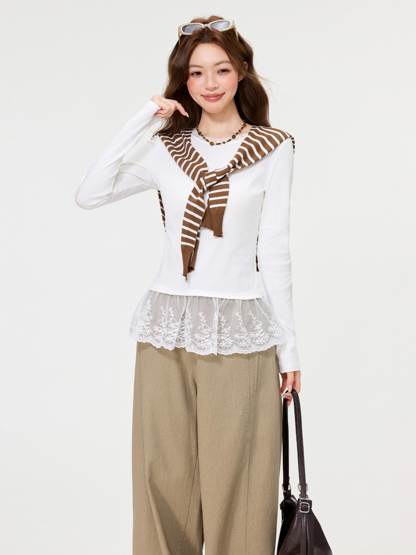 

White hem lace splicing long-sleeved bottoming shirt women s spring inner stacking wear thin T-shirt top S белый