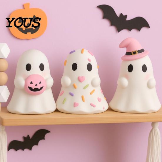 Desktop Figurine for Kids Cute Halloween Ghost Resin Figurine, Candy Pumpkin Witch Hat Small Statue Desk Decor Girls, Pink White Kawaii Tabletop