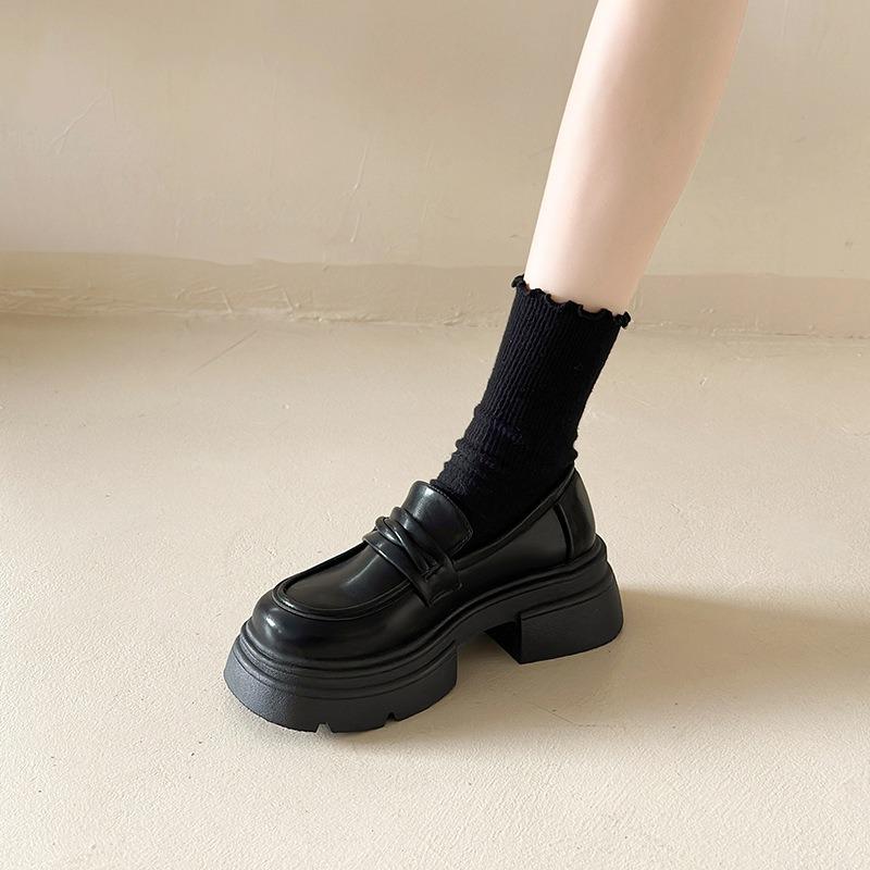 Black Big Head Thick Sole Small Leather Shoes Women's New Autumn One Pedal Thick Heel Increase