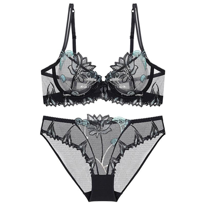 Ultra-thin Lace Bra Set Plus Size Women Cherry Embroidery Sheer Mesh Minimizer Bust
