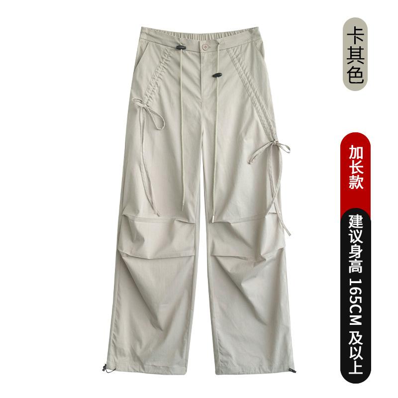 Bow overalls women's spring new paratrooper pants high waist wide legs thin lace-up casual sports pants