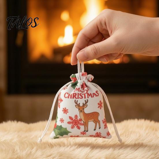 Christmas Eve Gift Wraps 2Pcs Drawstring Bags, Xmas Tree Reindeer Printed Candy Treat Family Party Holders Pouches, Reusable Fabric Holiday