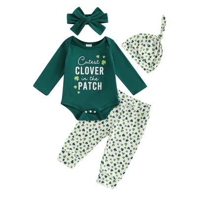 Baby Girl Spring Outfit Long Sleeve O-Neck Letters Clover Print Romper with Bow Tie Pants, Headband, Hat Sets